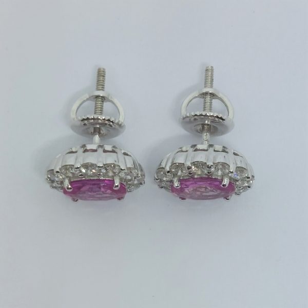 Vintage Pink Sapphire and Diamond Oval Cluster Stud Earrings