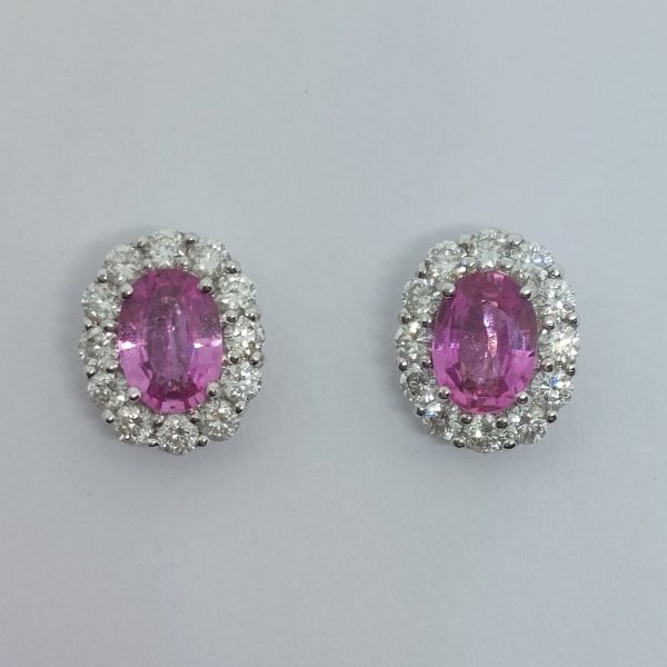 Vintage Pink Sapphire and Diamond Oval Cluster Stud Earrings
