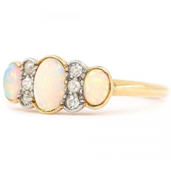 Antique Edwardian 18ct Gold Opal and Diamond Three Stone Ring