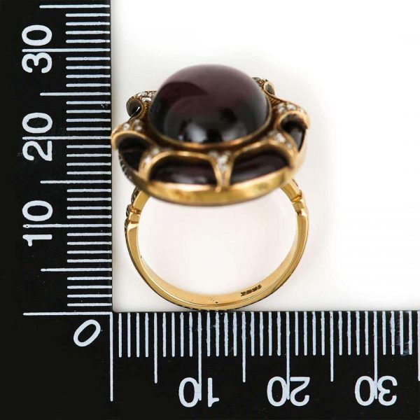 Large Antique Victorian 18ct Gold Cabochon Garnet and Diamond Ring, Circa 1860