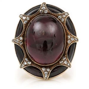 Large Antique Victorian 18ct Gold Cabochon Garnet and Diamond Ring, Circa 1860