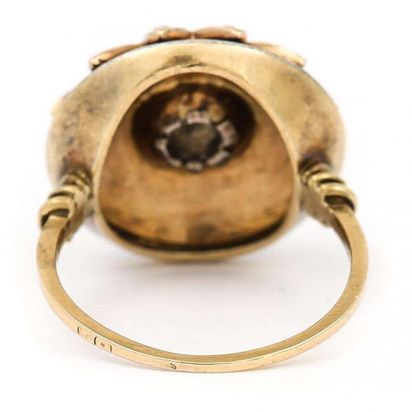 Antique 19th Century 18ct Gold Blue Enamel Pearl Diamond Sunburst Dome Ring Circa 1850