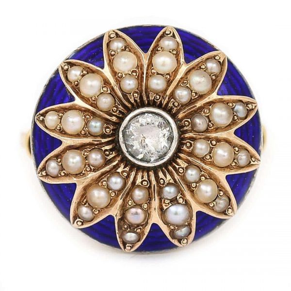 Antique 19th Century 18ct Gold Blue Enamel Pearl Diamond Sunburst Dome Ring Circa 1850