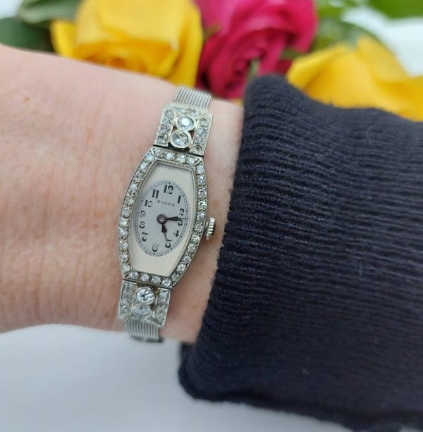 Ladies diamond Rolex watch platinum mesh vintage Art Deco