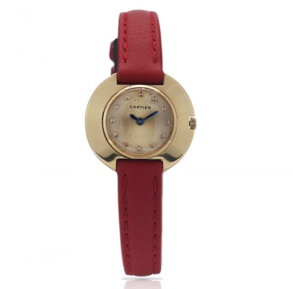 Cartier Ladies retro vintage gold round watch red strap