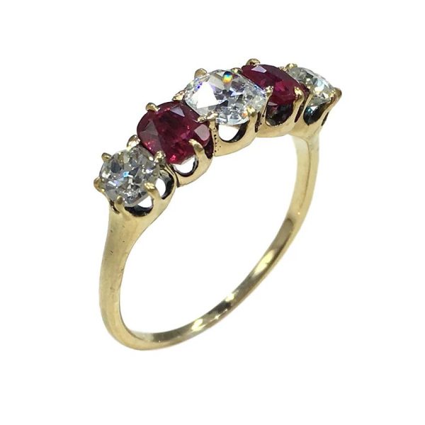 Edwardian Antique Burma Ruby and Old Cut Diamond Five Stone Engagement Ring
