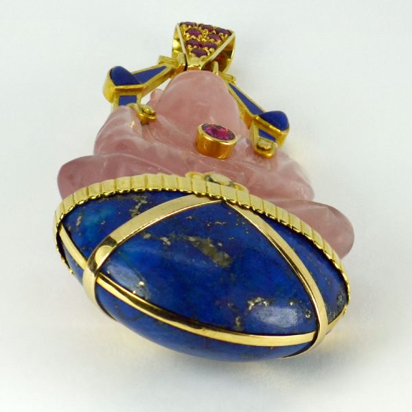 French 1.50ct Carved Rose Quartz Buddha Pendant with Lapis Lazuli and Rubies