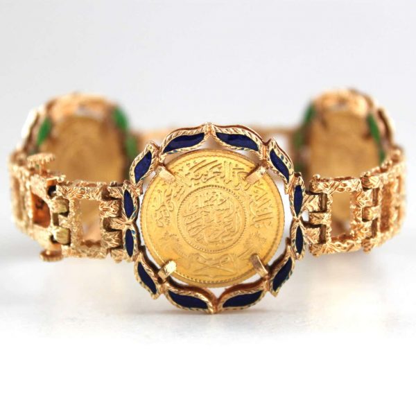 Vintage 22ct Islamic Coin Enamel and 18ct Yellow Gold Brick Link Reversible Bracelet