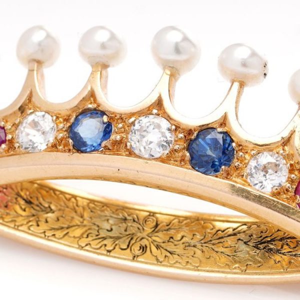 Art Deco French 18ct Yellow Gold Crown Brooch with Multi Gemstones and Natural Pearls