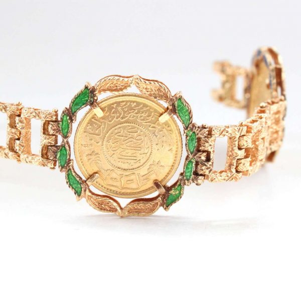 Vintage 22ct Islamic Coin Enamel and 18ct Yellow Gold Brick Link Reversible Bracelet