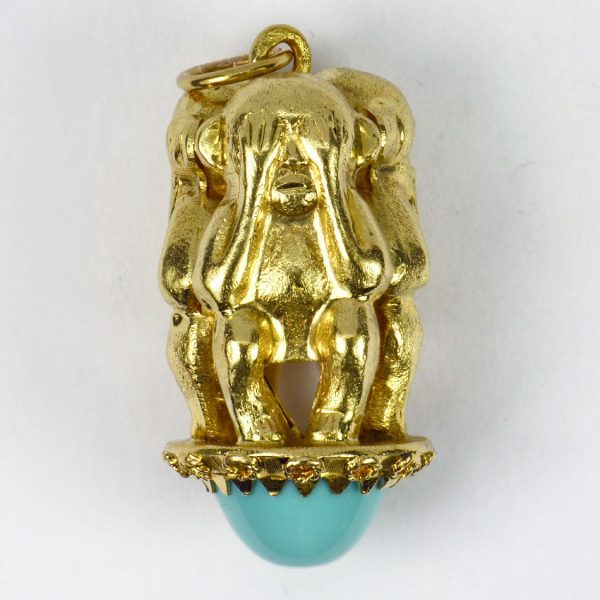 18ct Yellow Gold Three Wise Monkeys and Turquoise Charm Pendant
