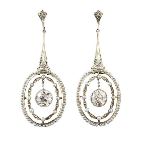 Belle Epoque Seed Pearl and Diamond Drop Earrings in Platinum