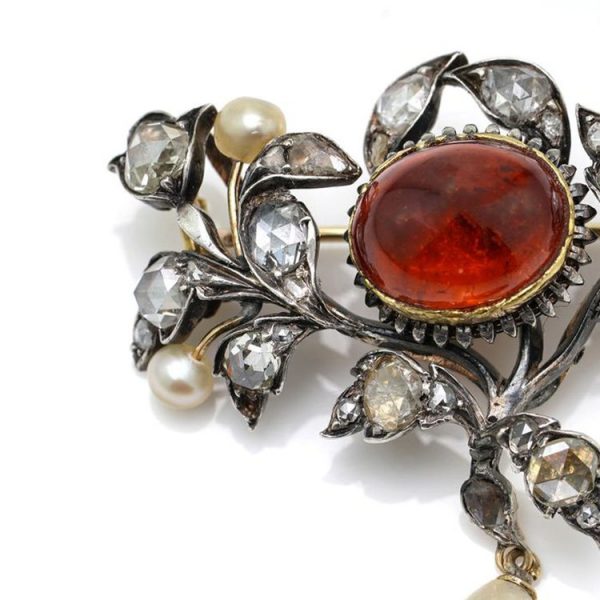 Antique Victorian Garnet, Rose Cut Diamond and Natural Pearl Brooch