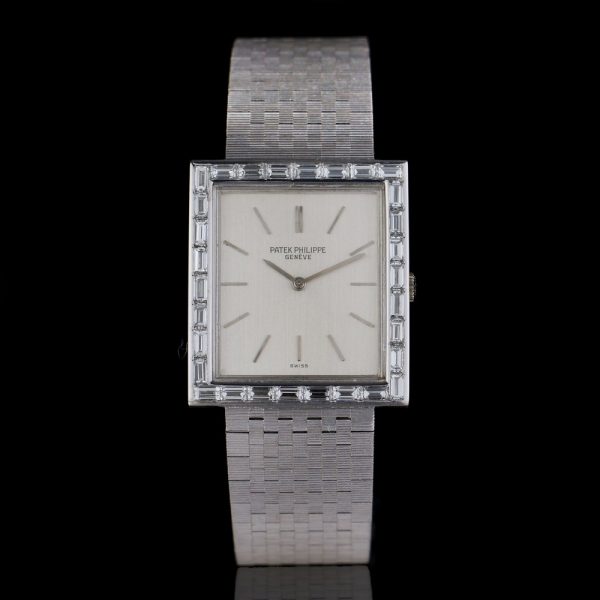 Vintage Patek Philippe 18ct White Gold Manual Watch with Baguette Diamond Bezel, full 18ct white gold ladies wristwatch set with 1.50 carats of baguette diamonds on the bezel, Circa 1980s