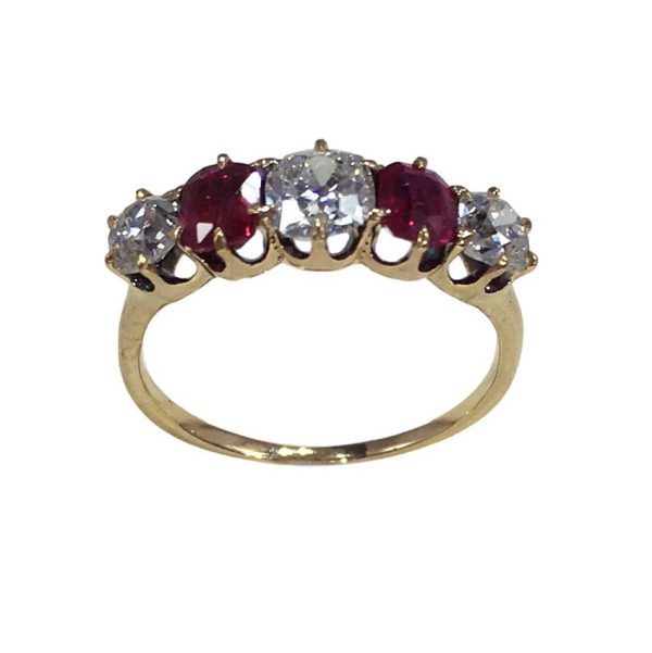 Edwardian Antique Burma Ruby and Old Cut Diamond Five Stone Engagement Ring