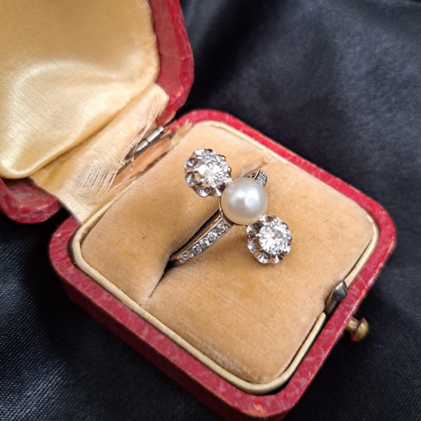Art Deco Natural Pearl and Diamond Three Stone Ring in Platinum