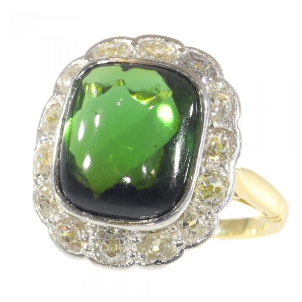 Vintage Green Tourmaline and Diamond Cluster Ring