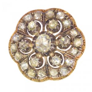 Antique Rose Cut Diamond Floral Rose Brooch; twenty-five foil-backed rose-cut diamonds in silver-upon-18ct gold. Early 20th century Circa 1920