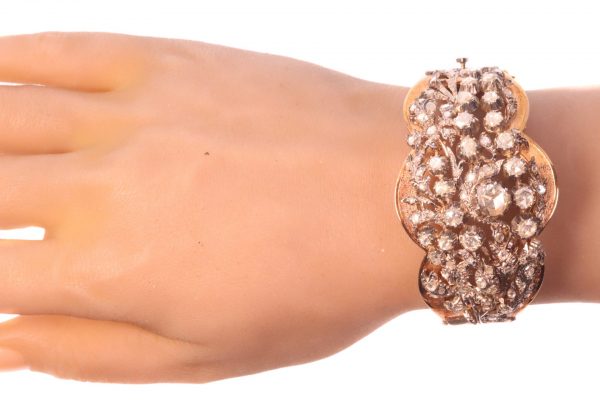 Vintage Victorian Style Rose Cut Diamond Floral Bangle Bracelet, silver and 18ct yellow gold, Circa 1950