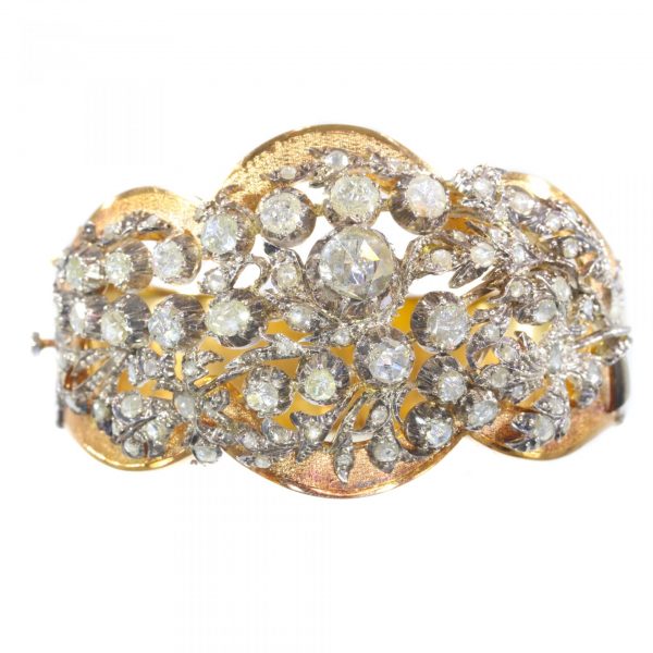 Vintage Victorian Style Rose Cut Diamond Floral Bangle Bracelet, silver and 18ct yellow gold, Circa 1950