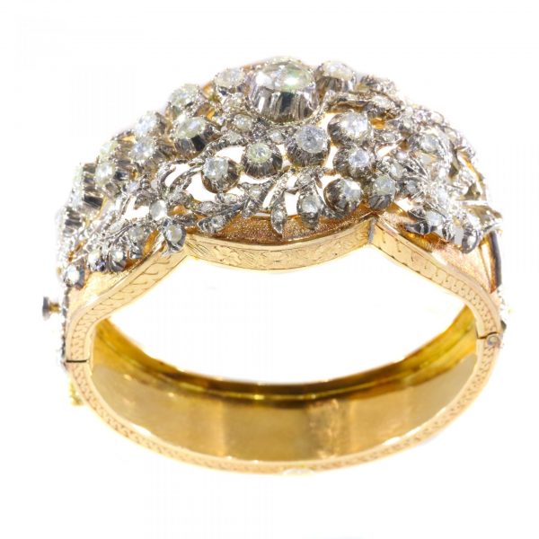 Vintage Victorian Style Rose Cut Diamond Floral Bangle Bracelet, silver and 18ct yellow gold, Circa 1950