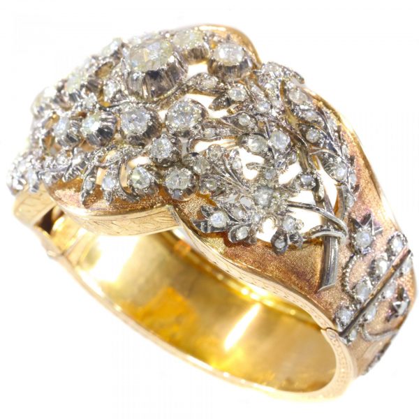 Vintage Victorian Style Rose Cut Diamond Floral Bangle Bracelet, silver and 18ct yellow gold, Circa 1950
