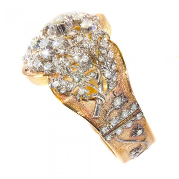 Vintage 1950s Victorian Style Rose Cut Diamond Floral Bangle Bracelet