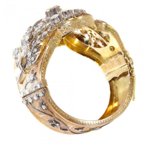 Vintage 1950s Victorian Style Rose Cut Diamond Floral Bangle Bracelet in 18ct Yellow Gold