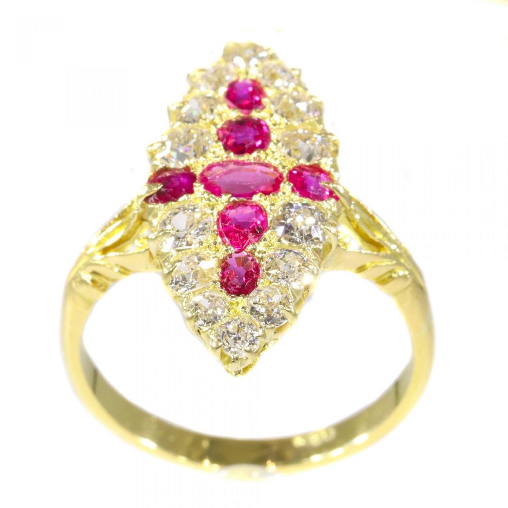 Antique Victorian Old Cut Diamond and Ruby Navette Cluster Ring