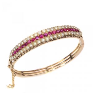 Antique Natural Pearl and Ruby Bangle Bracelet in 14ct gold, Circa 1880