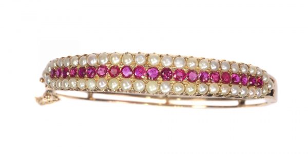 Antique Natural Pearl and Ruby Bangle Bracelet