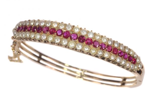 Antique Natural Pearl and Ruby Bangle Bracelet