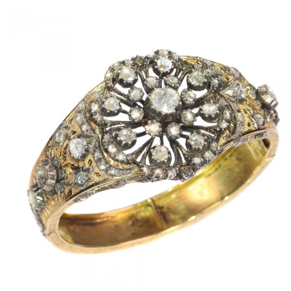 Vintage Rose Cut Diamond Floral Cluster Bangle Bracelet; late Art Deco Victorian style, Circa 1930