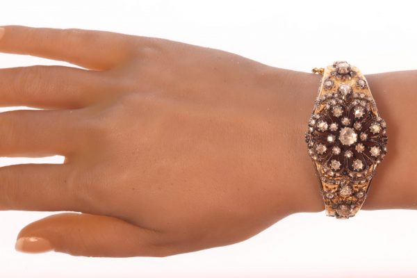Vintage Rose Cut Diamond Floral Cluster Bangle Bracelet; late Art Deco Victorian style, Circa 1930