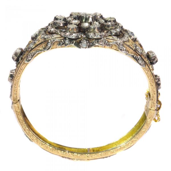 Vintage Rose Cut Diamond Floral Cluster Bangle Bracelet; late Art Deco Victorian style, Circa 1930