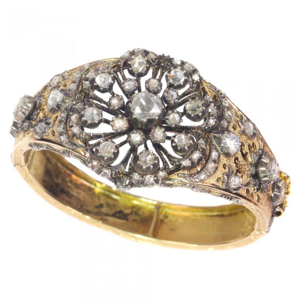Vintage Rose Cut Diamond Floral Cluster Bangle Bracelet; late Art Deco Victorian style, Circa 1930