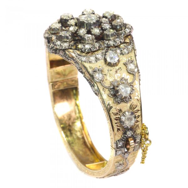 Vintage Rose Cut Diamond Floral Cluster Bangle Bracelet; late Art Deco Victorian style, Circa 1930