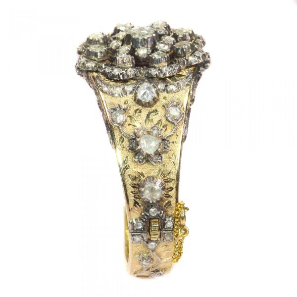 Vintage Rose Cut Diamond Floral Cluster Bangle Bracelet; late Art Deco Victorian style, Circa 1930