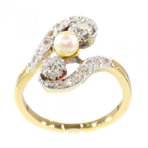 Antique Belle Epoque Diamond and Pearl Three Stone Crossover Ring
