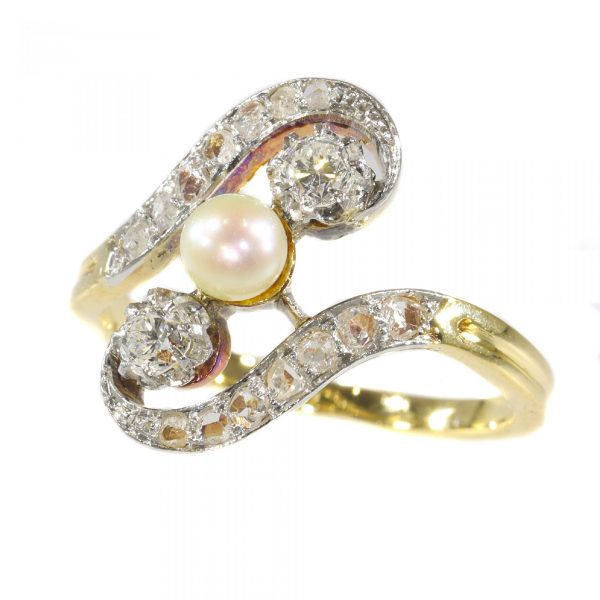 Antique Belle Epoque Diamond and Pearl Three Stone Crossover Ring