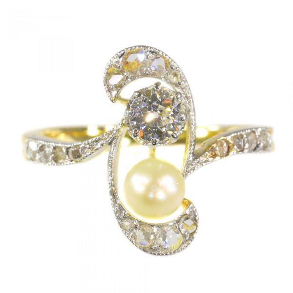 Antique Art Nouveau Diamond and Pearl Two Stone Whiplash Ring