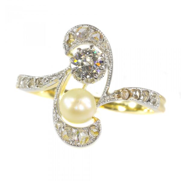 Antique Art Nouveau Diamond and Pearl Two Stone Whiplash Ring