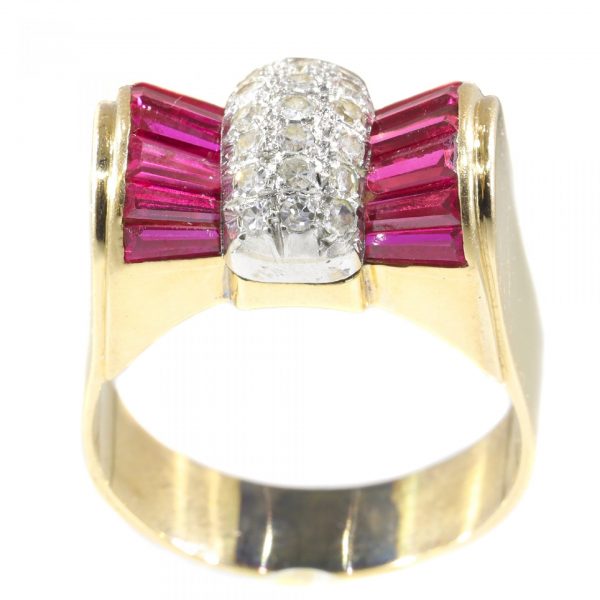 Vintage 1950s Retro Bow Ring with Rubies and Diamonds in 18ct Yellow Gold