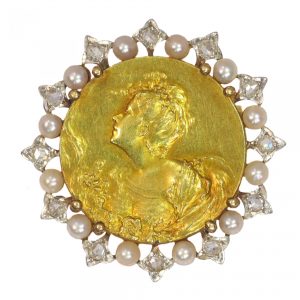 Belle Epoque French Gold Medal Brooch with Rose Cut Diamonds and Seed Pearls