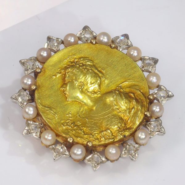 Belle Epoque French Gold Medal Brooch with Rose Cut Diamonds and Seed Pearls