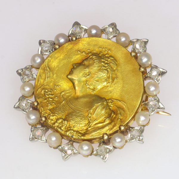 Belle Epoque French Gold Medal Brooch with Rose Cut Diamonds and Seed Pearls