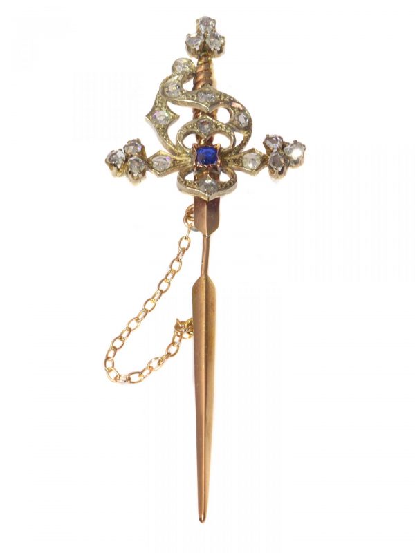 Vintage Sword Tiepin with Diamonds and Sapphire in silver-upon-gold, Circa 1930