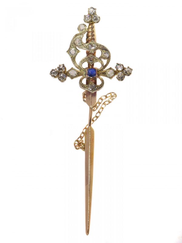 Vintage Sword Tiepin with Diamonds and Sapphire in silver-upon-gold, Circa 1930