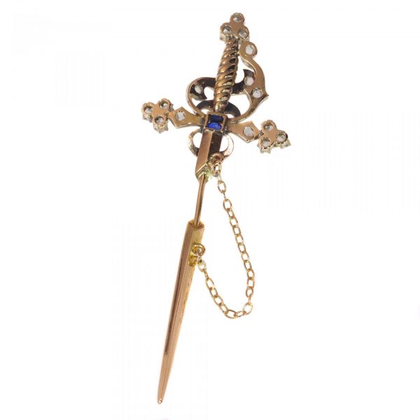 Vintage Sword Tiepin with Diamonds and Sapphire in silver-upon-gold, Circa 1930