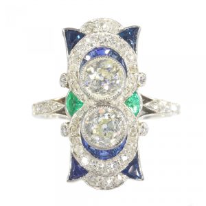 Art Deco Sapphire, Emerald and Diamond Plaque Ring in Platinum